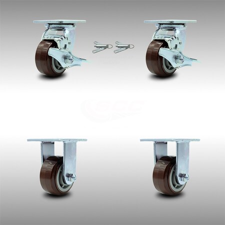 Service Caster 4 Inch Stainless Steel Polyurethane Caster Set with 2 Brakes/Swivel Lock 2 Rigid SCC-SS30S420-PPUB-TLB-BSL-2-R-2